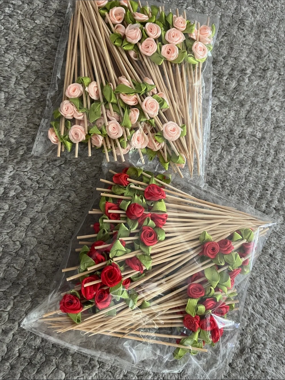 Red & Light Pink Rose Bamboo Picks - Decorative Party Cocktail Stirrers